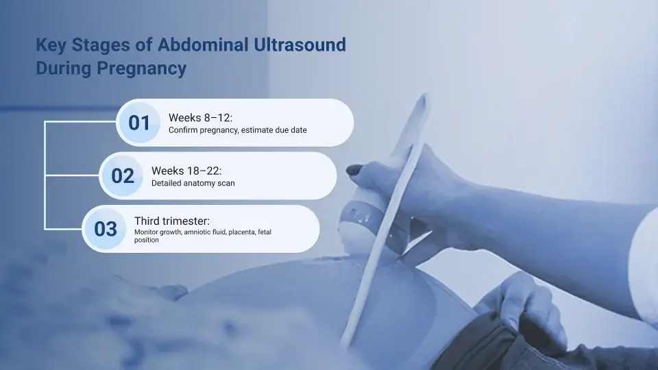 key stages of Abdominal Ultrasound during pregnancy