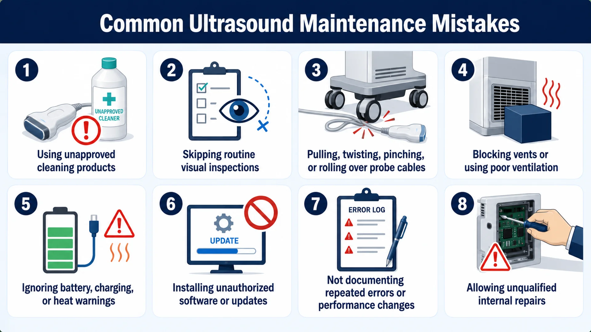 Infographic showing eight common ultrasound maintenance mistakes.