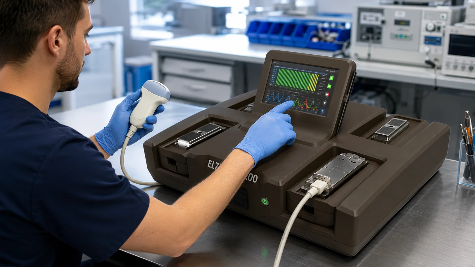 Medical technician tests an ultrasound probe using probe analyzer and reviews its performance data on a touchscreen.