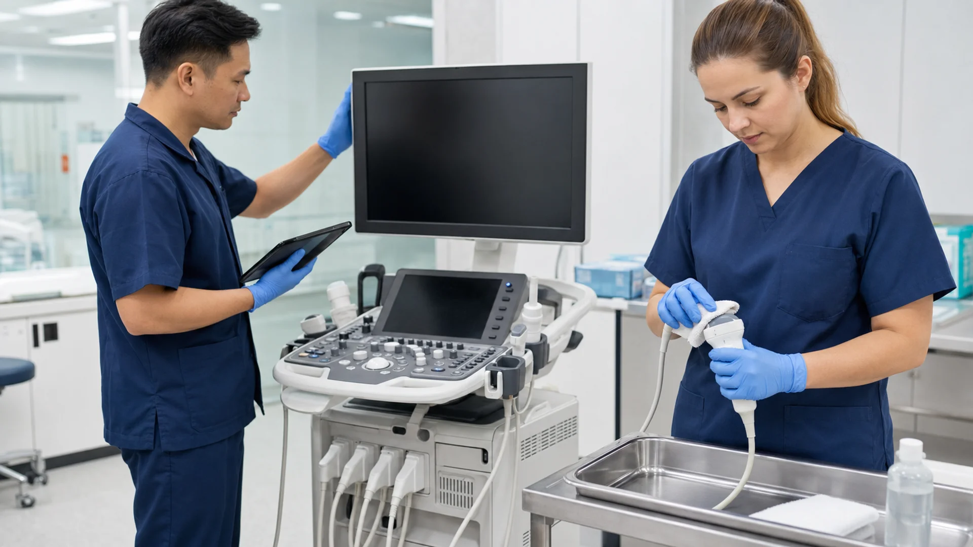 Two medical technicians inspect and clean an ultrasound machine and its probe in a clinical room.
